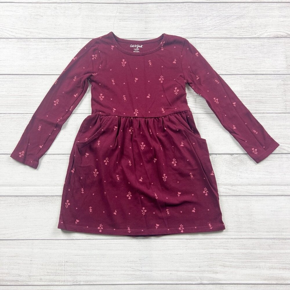 Cat & Jack Girls Dress Burgundy Long Sleeve Floral Pocket Dress S 6 6X
